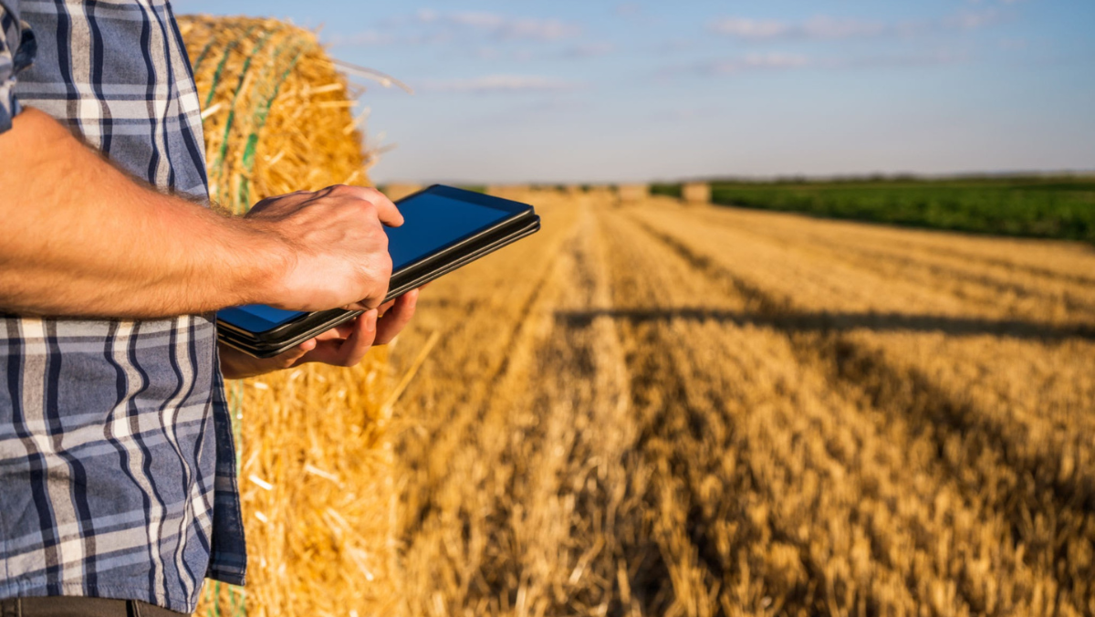 Farmer using a tablet in a harvested crop field to track agricultural data