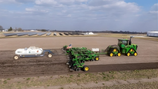 John Deere tractor pulling TalusAg green ammonia applicator in farmland